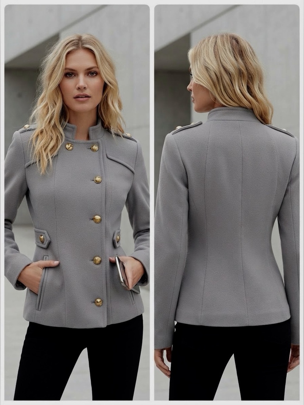 NWT‎ SHORT MILITARY COAT ASYMMETRIC FRONT LIGHT GRAY JACKET LINED WOOL BLEND